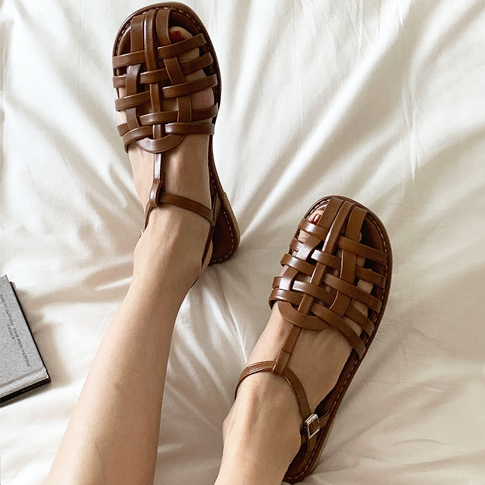 피셔맨 위빙 발편한 T스트랩 앞막힌 여름 샌들