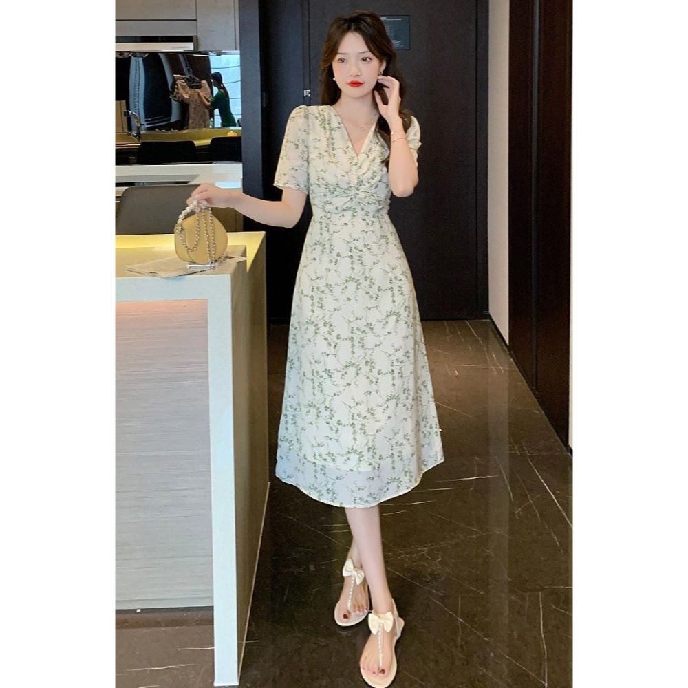 여성 플라워 나염 롱원피스 브이넥 반팔 쉬폰 꼬임 퍼프소매 여름 봄 여름 아이보리 - 상품 이미지