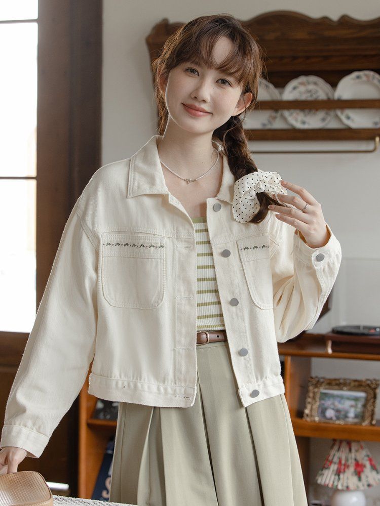여성 자수 데님 청자켓 면 루즈핏 긴팔 간절기 아우터 카라넥 캐주얼 봄 가을 아이보리 - 상세 이미지 4