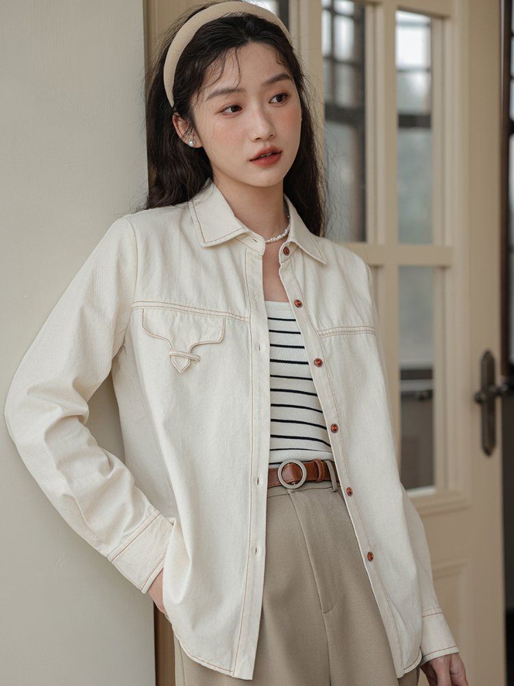 여성 스티치 포켓 면 긴팔 셔츠 남방 카라넥 간절기 캐주얼 블라우스 봄 가을 아이보리 - 상세 이미지 2
