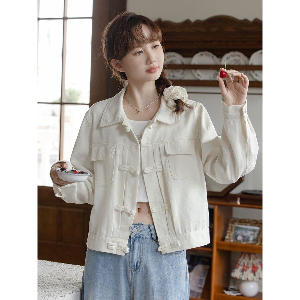 여성 루즈핏 면 자켓 긴팔 카라넥 루프버튼 포켓 간절기 아우터 봄 가을 아이보리 - 상품 이미지