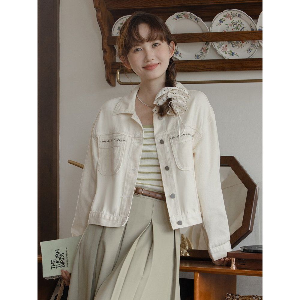여성 자수 데님 청자켓 면 루즈핏 긴팔 간절기 아우터 카라넥 캐주얼 봄 가을 아이보리 - 상품 이미지
