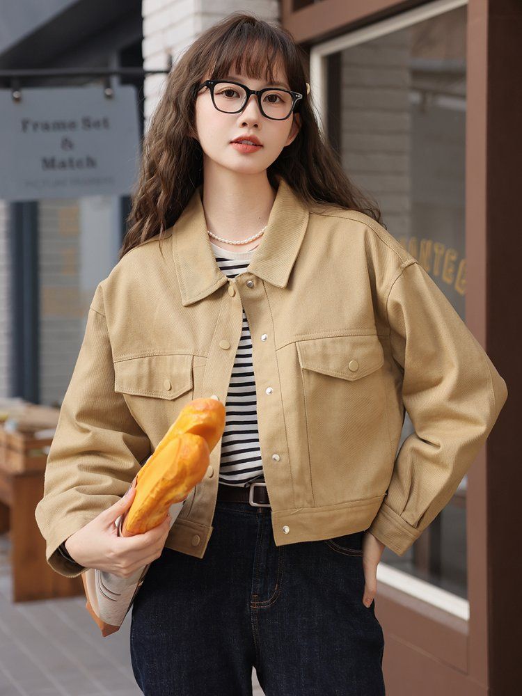 여성 루즈핏 면 자켓 긴팔 카라넥 포켓 프린트 간절기 아우터 봄 가을 베이지 - 상세 이미지 2