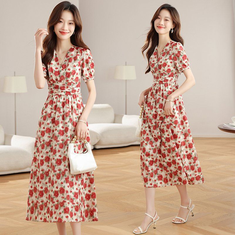 여성 플라워 롱원피스 브이넥 반팔 퍼프소매 허리밴딩 여름 봄 여름 아이보리 레드 - 상품 이미지