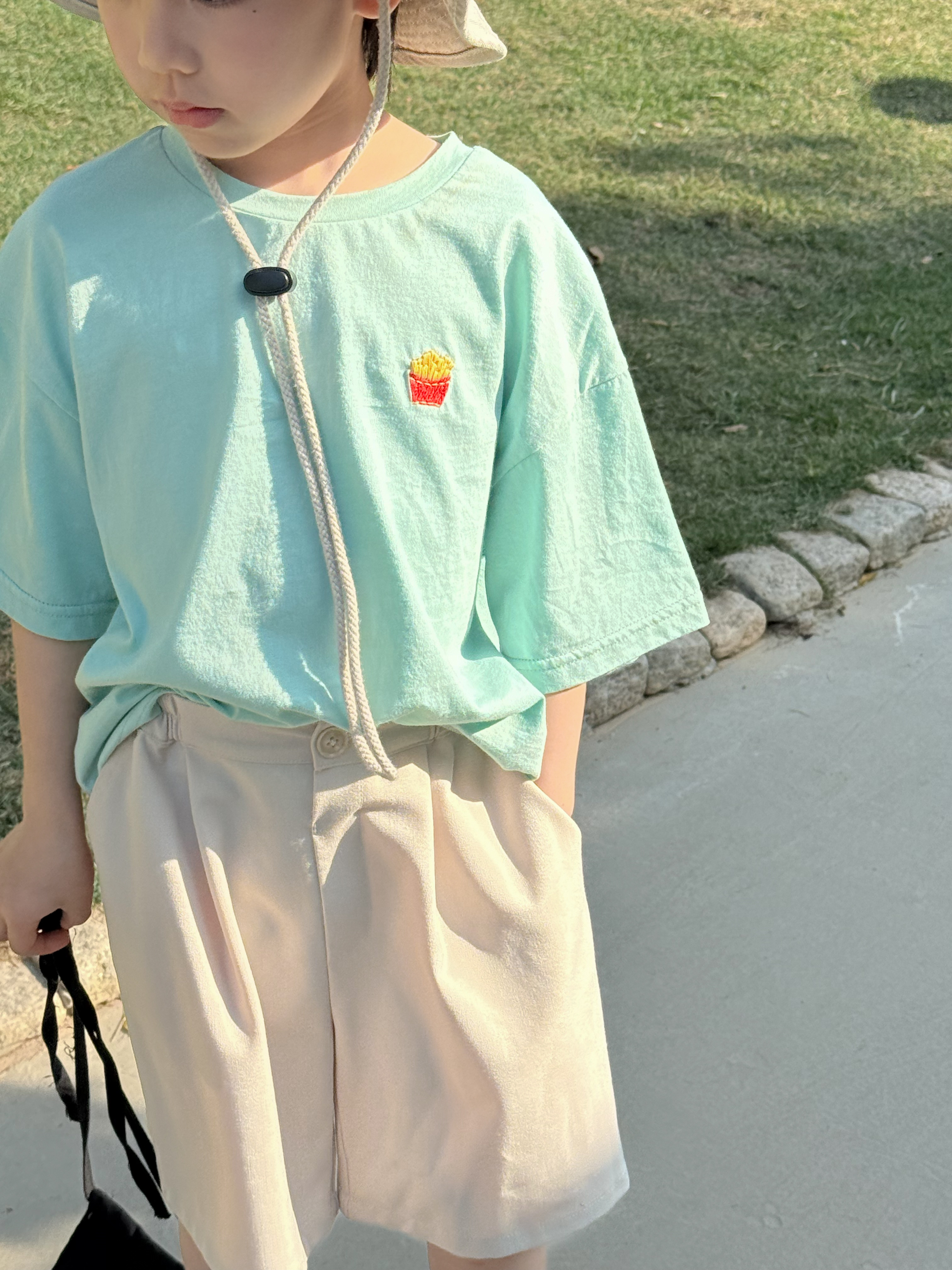 Irene's Closet 미니어처 피자 감자튀김 자수 순면 루즈핏 반팔 티셔츠 유아 주니어 여름 이미지 8