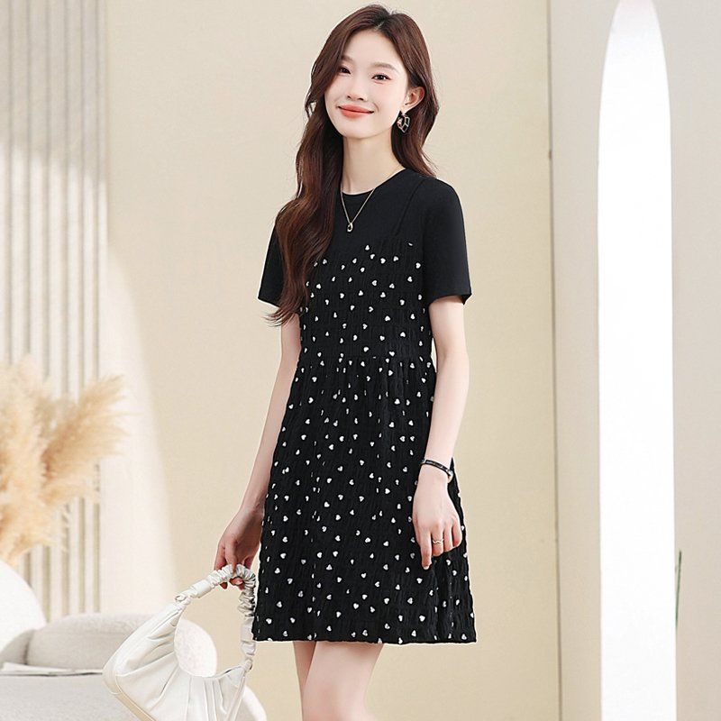 여성 페이크투피스 하트 원피스 반팔 라운드넥 스모킹 A라인 여름 블랙 - 상세 이미지 3