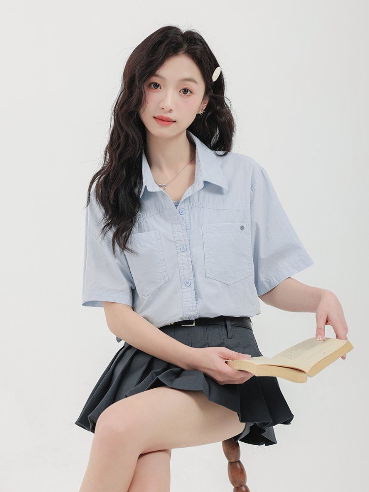 여성 반팔 셔츠 남방 면 카라넥 크롭 캐주얼 베이직 여름 블라우스 봄 여름 스카이블루 - 상세 이미지 2