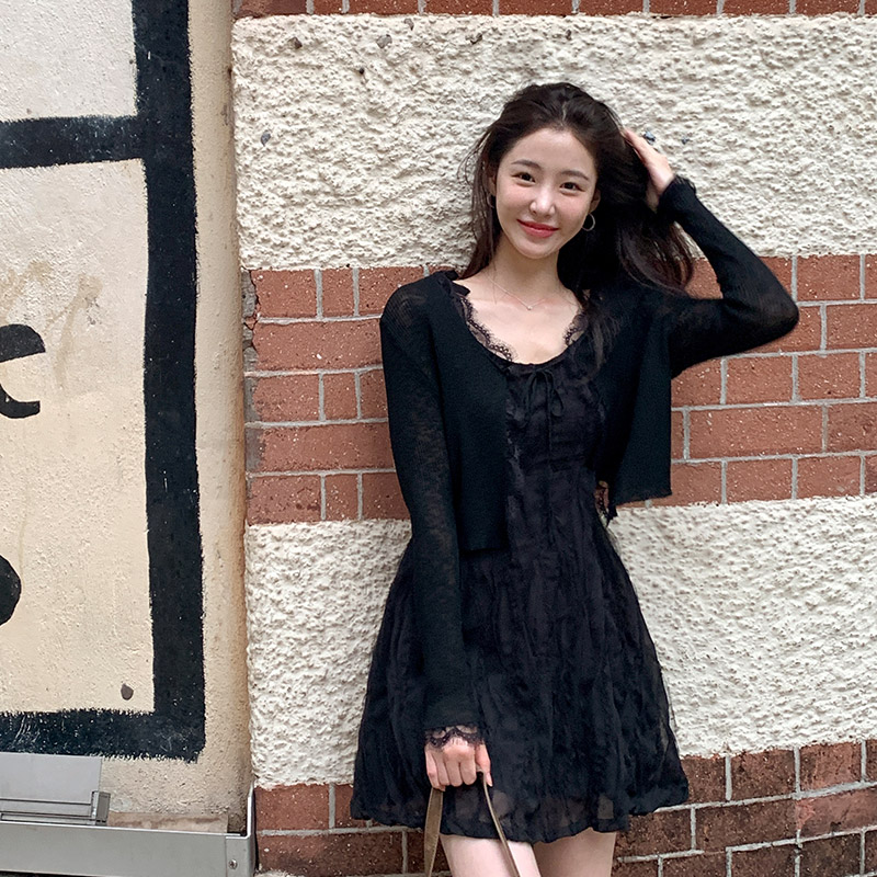 베르사유 레이스 프릴 리본 스트랩 시스루 골지 가디건 추가 이미지