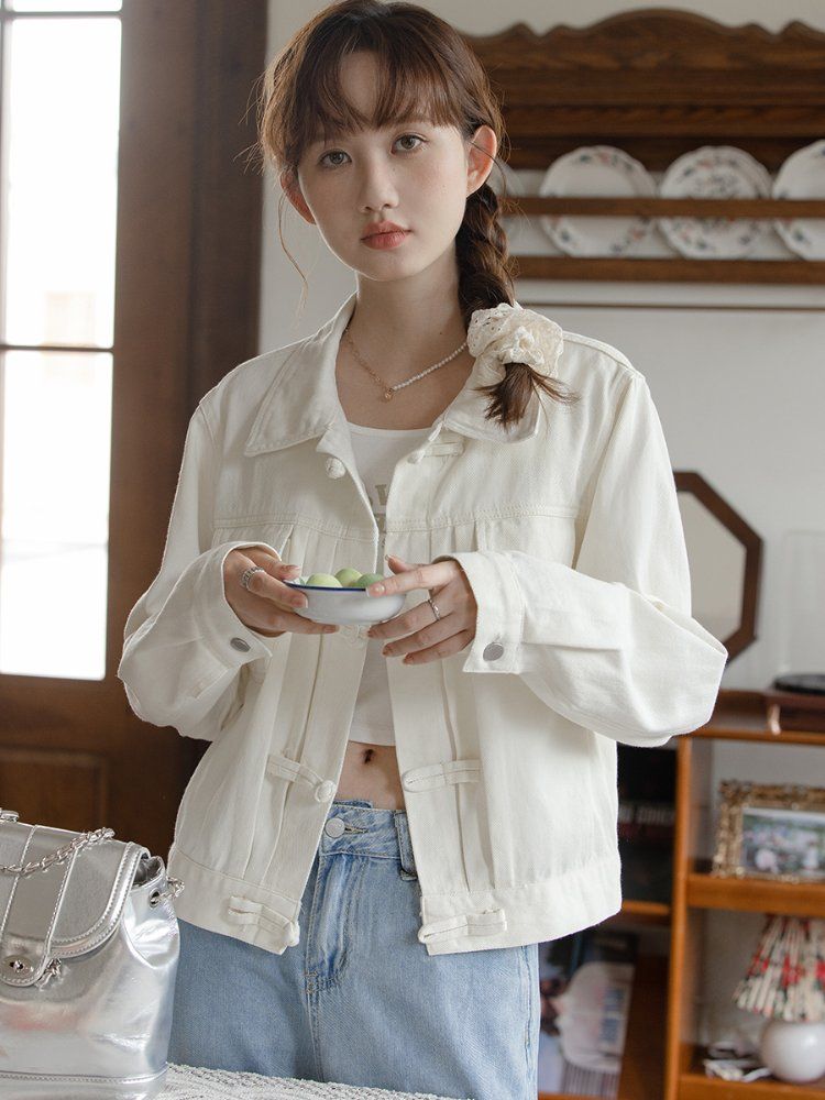 여성 루즈핏 면 자켓 긴팔 카라넥 루프버튼 포켓 간절기 아우터 봄 가을 아이보리 - 상세 이미지 4