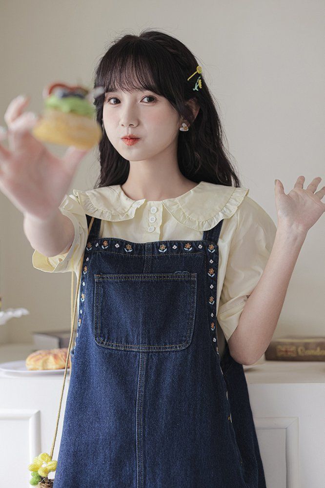 여성 데님 청 멜빵 원피스 H라인 포켓 꽃 자수 나시 뷔스티에 미니 면 여름 봄 여름 진청