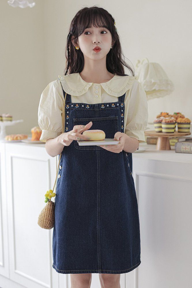 여성 데님 청 멜빵 원피스 H라인 포켓 꽃 자수 나시 뷔스티에 미니 면 여름 봄 여름 진청