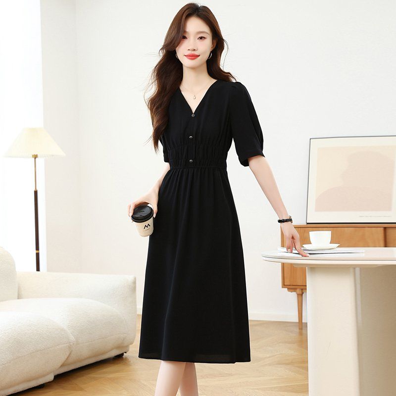 여성 브이넥 퍼프소매 반팔 원피스 허리밴딩 롱 A라인 여름 하객룩 블랙 - 상세 이미지 4