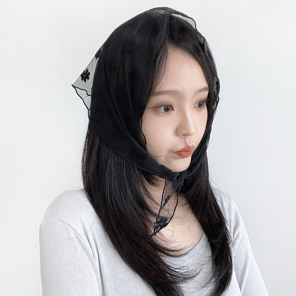 데이지 꽃 레이스 망사 헤어커치프 여성 여름 삼각 스카프 두건 - 상세 이미지 3