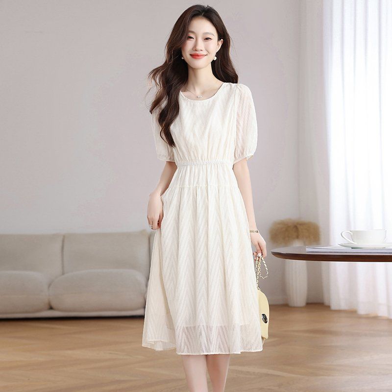 여성 라운드넥 반팔 퍼프소매 텍스처 롱원피스 허리밴딩 A라인 여름 아이보리 크림 - 상세 이미지 2