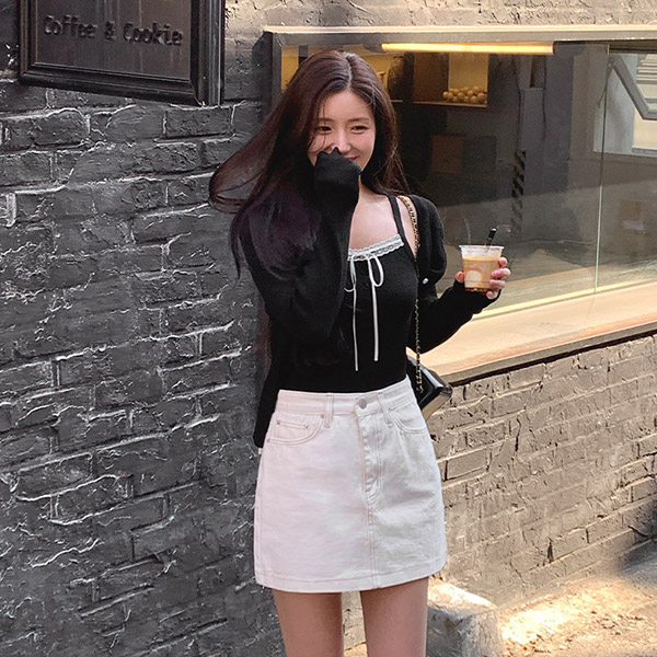 프리드 백포켓 스티치 코튼 H라인 미니 스커트 sk7278 - 상품 이미지