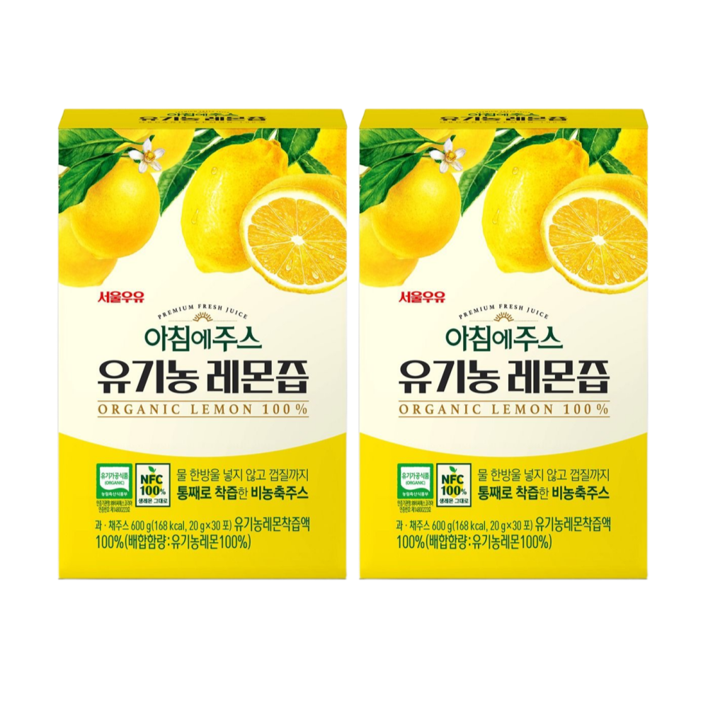 서울우유 아침에주스 유기농 레몬즙600g 2개 스틱 NFC착즙100% 레몬수 액상 원액