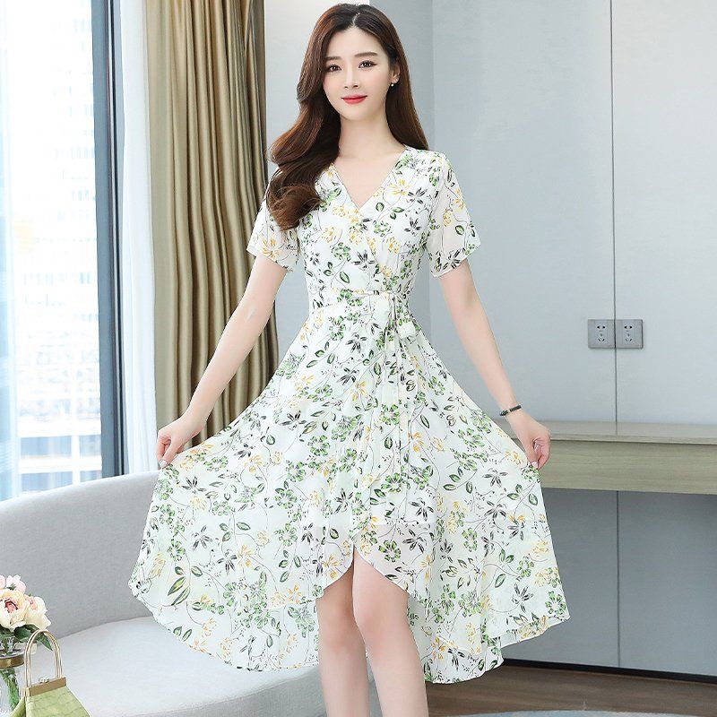 여성 플라워 나염 롱원피스 브이넥 반팔 쉬폰 언발란스 랩스타일 여름 봄 여름 화이트 - 상품 이미지
