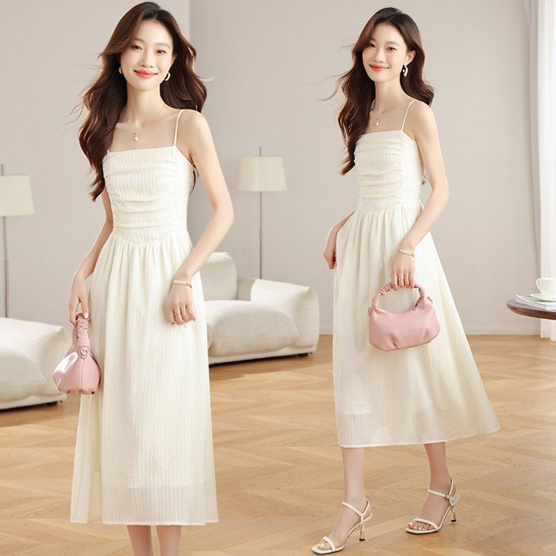 여성 민소매 롱원피스 셔링 스퀘어넥 뷔스티에 A라인 여름 봄 여름 아이보리 크림 - 상품 이미지