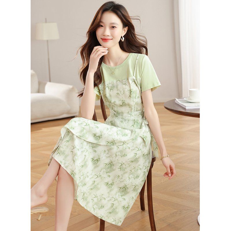여성 페이크투피스 나염 원피스 반팔 라운드넥 허리리본 롱 여름 봄 여름 그린 - 상세 이미지 3