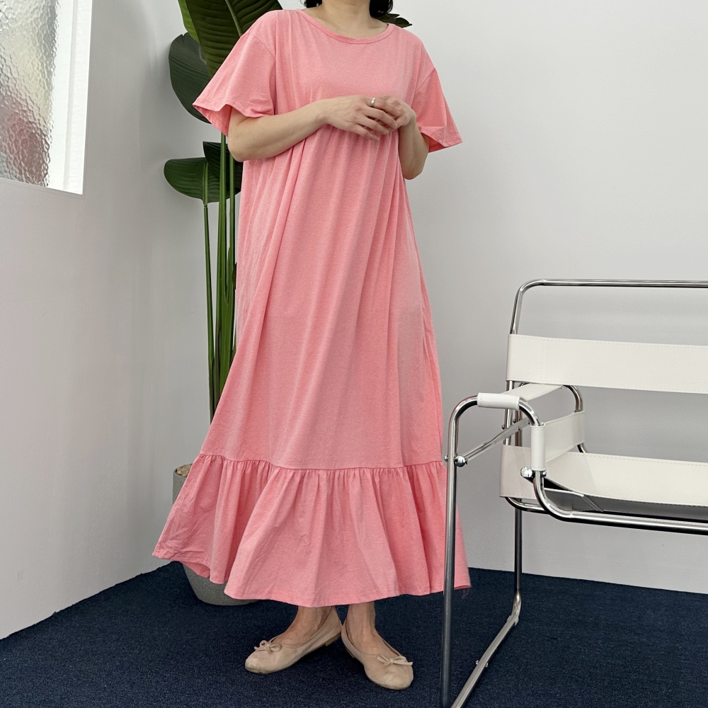 빅사이즈 여름 시원한 면 프릴 롱 원피스 소매 라운드넥 레이어드 맥시 원피스 원마일웨어