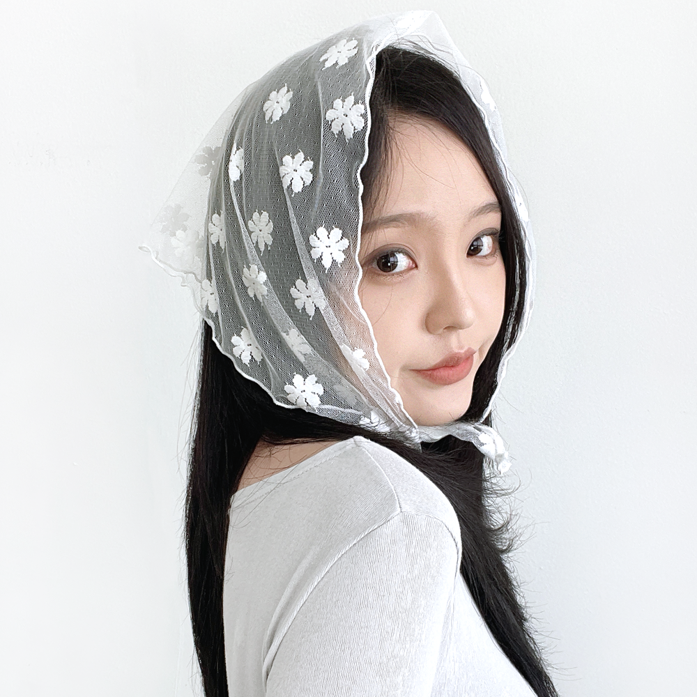 데이지 꽃 레이스 망사 헤어커치프 여성 여름 삼각 스카프 두건 - 상세 이미지 2