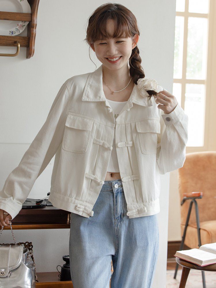 여성 루즈핏 면 자켓 긴팔 카라넥 루프버튼 포켓 간절기 아우터 봄 가을 아이보리 - 상세 이미지 3