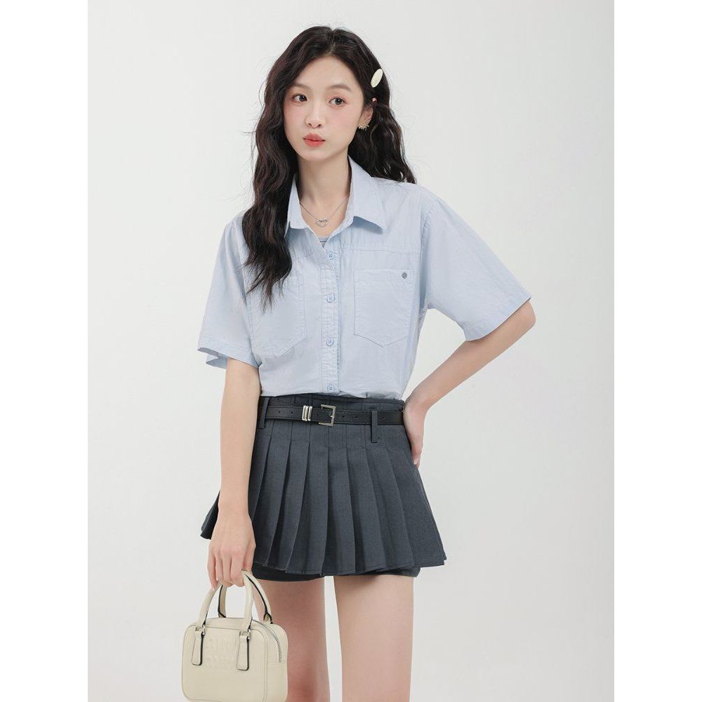 여성 반팔 셔츠 남방 면 카라넥 크롭 캐주얼 베이직 여름 블라우스 봄 여름 스카이블루 - 상품 이미지