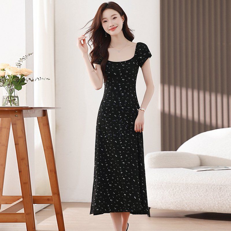 여성 스퀘어넥 플라워 롱원피스 반팔 옆트임 여름 슬림핏 A라인 봄 여름 블랙 - 상세 이미지 4