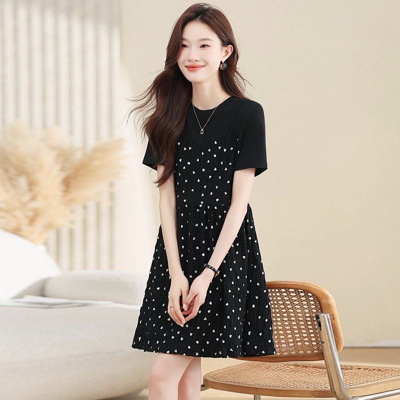 여성 페이크투피스 하트 원피스 반팔 라운드넥 스모킹 A라인 여름 블랙 - 상세 이미지 2