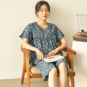 진한그린꽃 반팔 여름 빅사이즈 순면 여성 잠옷 홈웨어 세트 착용 후기 | 사이즈/핏 총정리 - 상품 이미지 1