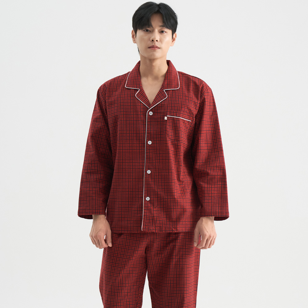 레드잔체크 긴팔 플란넬 순면 빅사이즈 남자 잠옷 파자마 세트 제품 이미지