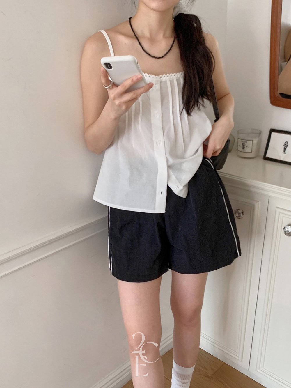 클로디 나일론 숏 밴딩 팬츠 (4color) 3부 여름 삥줄 배색 반바지 이미지 6
