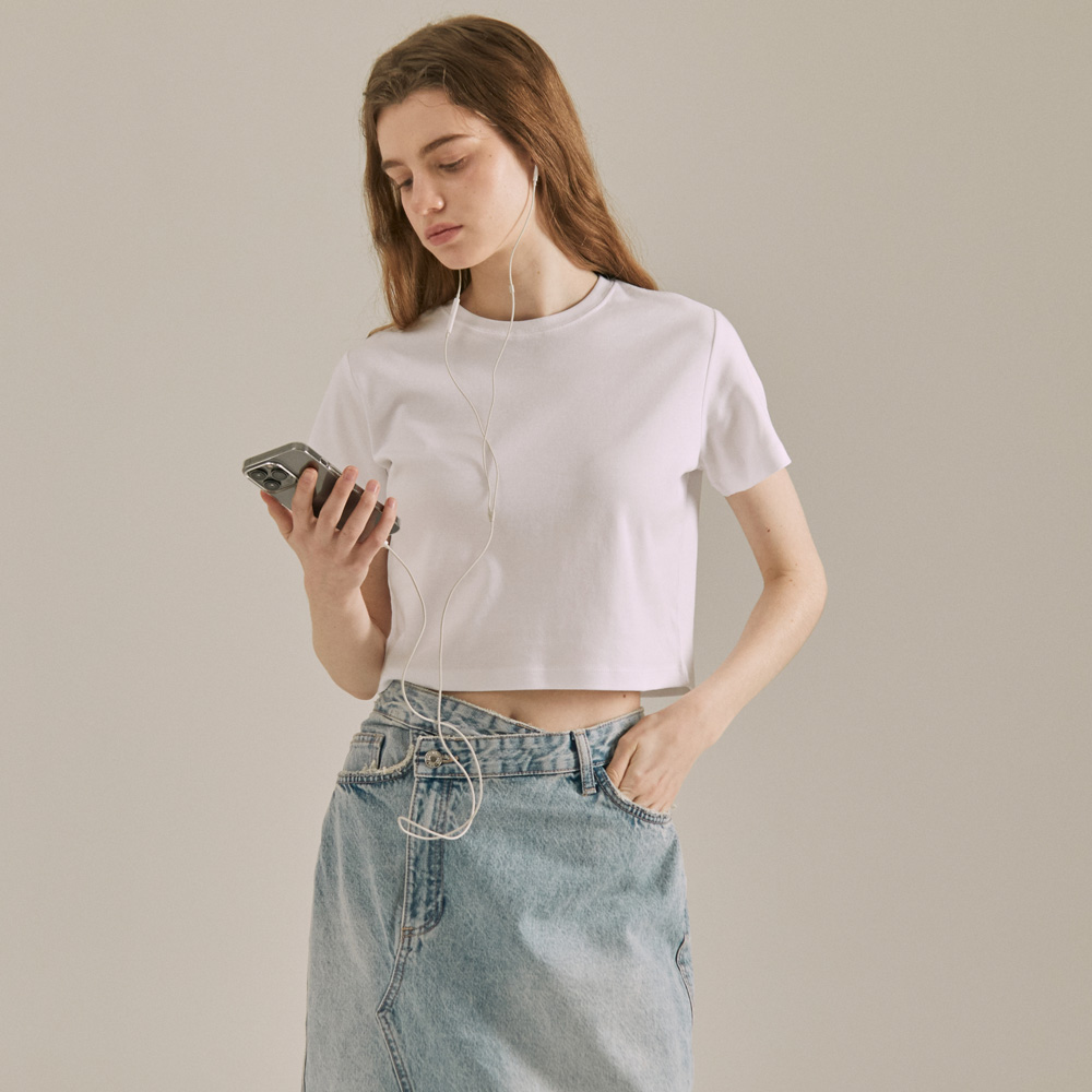 여성 프리미엄 인터록 40수 크롭 라운드 반팔 티셔츠