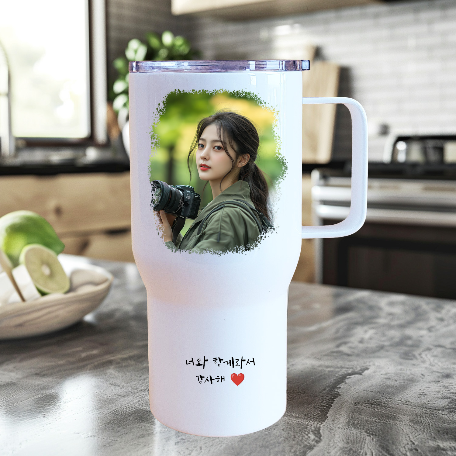 캐리커쳐 텀블러 주문제작 대용량 손잡이 사진을 수채화 일러스트 인쇄 문구 각인 650ml 이미지 8