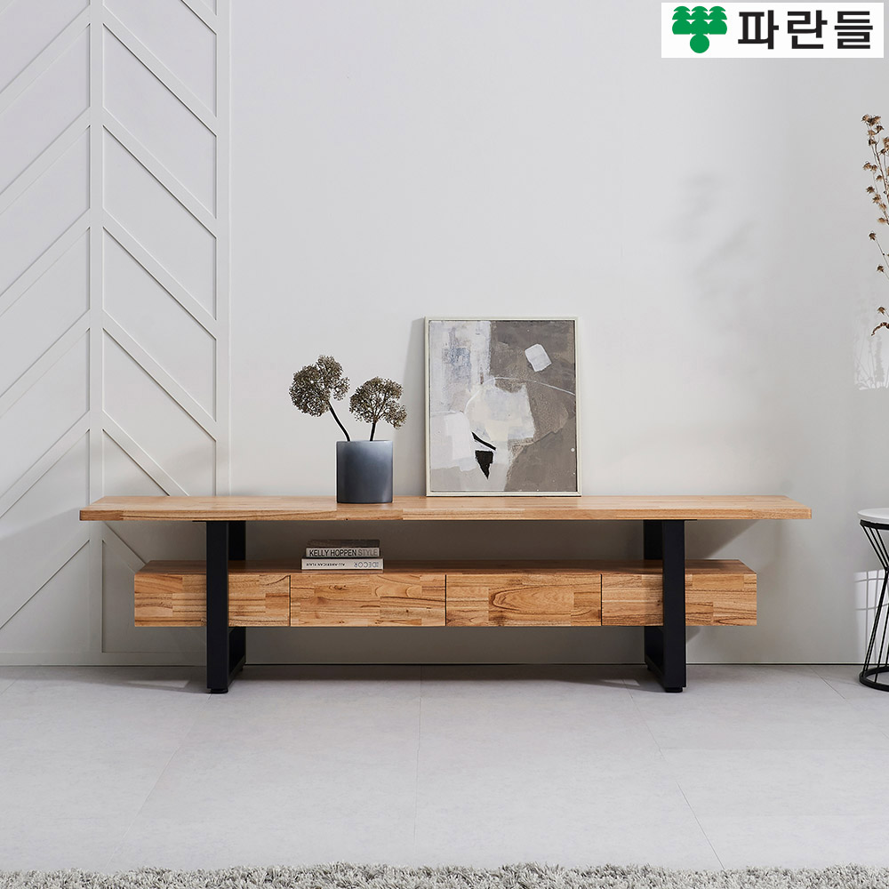 파란들가구 30T참죽원목 스틸다리 2100 투서랍 원목거실장 네츄럴