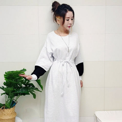 (국산면원단/국내자체생산) ON3002 소매배색 허리끈 주머니 롱 원피스 20대30대여성의류 이미지 7