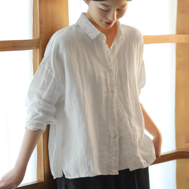 가을 중년여성 루즈핏 린넨셔츠 간절기 긴팔 데일리 블라우스 - 상품 이미지