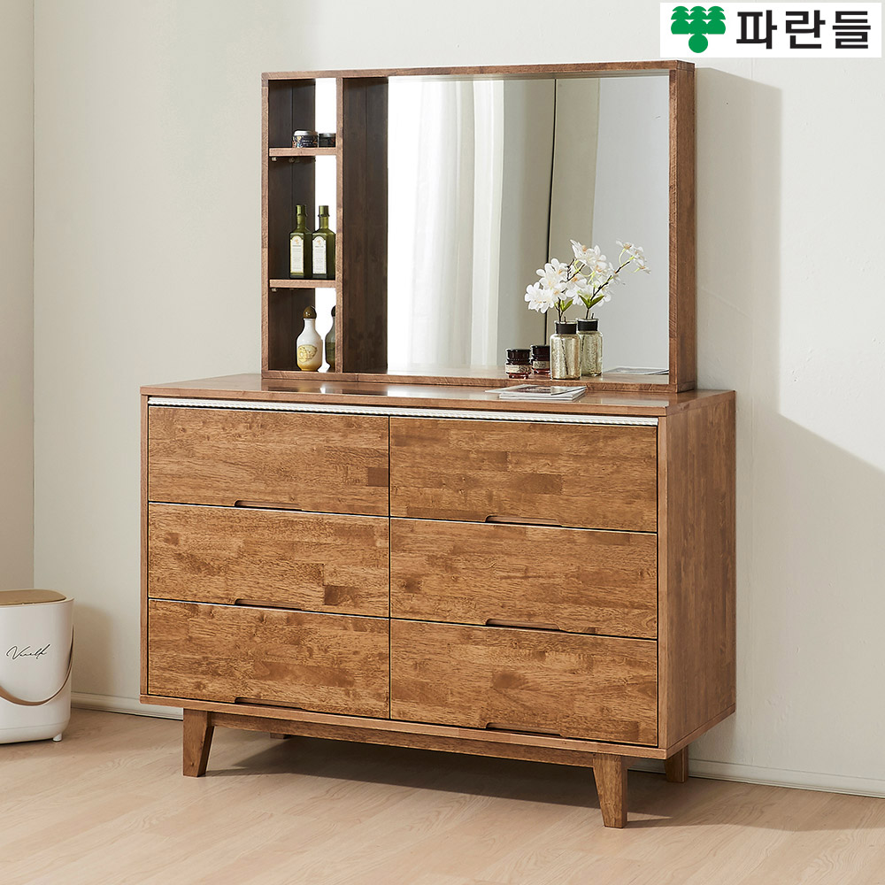 파란들가구 고무나무원목 한줄화이트 1200 서랍화장대세트 - 메인 이미지