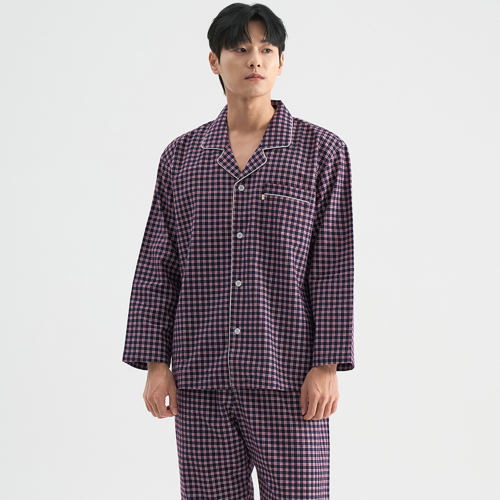 깅엄체크 긴팔 플란넬 순면 빅사이즈 남자 잠옷 파자마 세트 제품 이미지