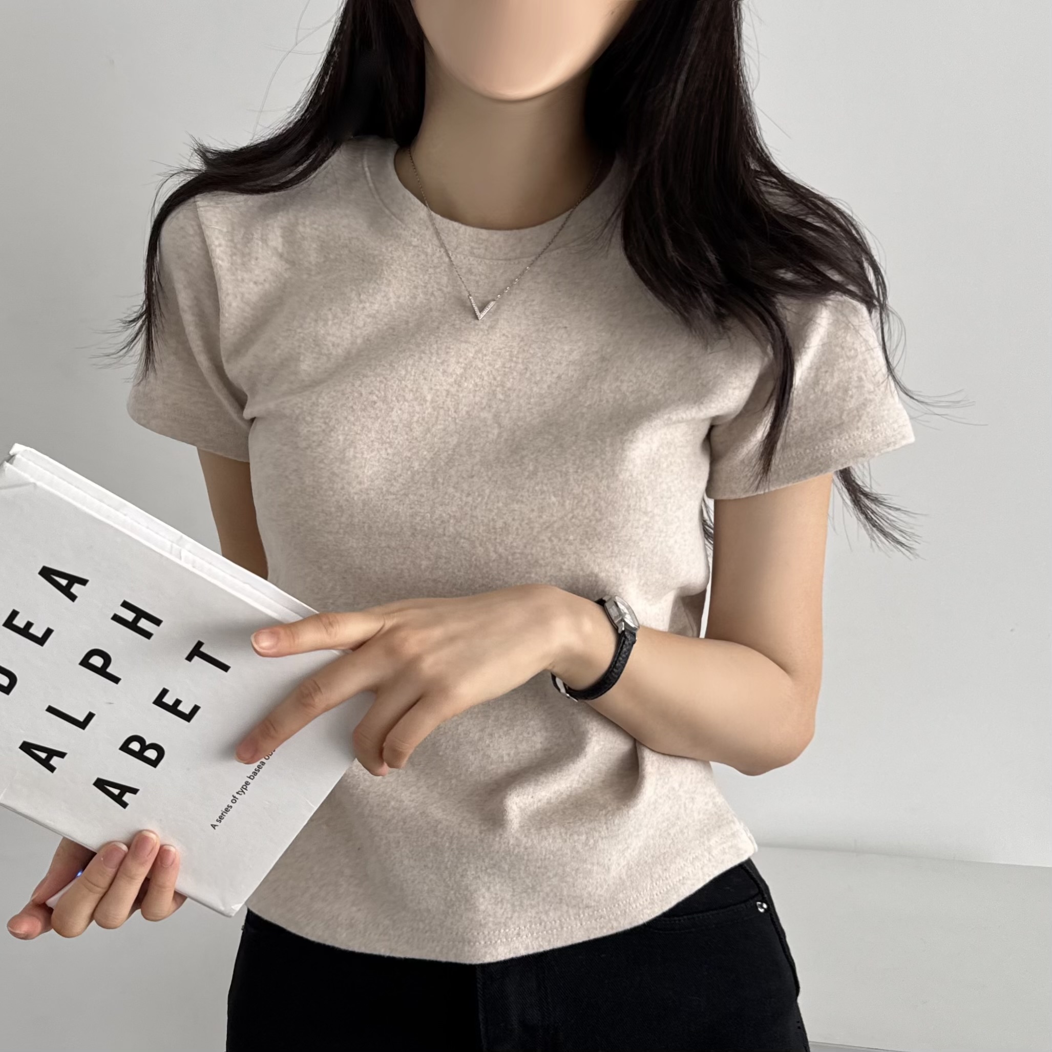 흰티 여성 티셔츠 크롭티 여성 반팔 기본 티 오트밀, FREE(One size) - 상품 이미지