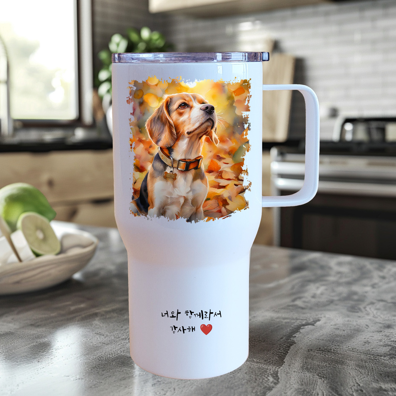 주문제작 반려동물 수채화 텀블러 대용량 손잡이 강아지 고양이 초상화 문구 각인 650ml - 상세 이미지 3