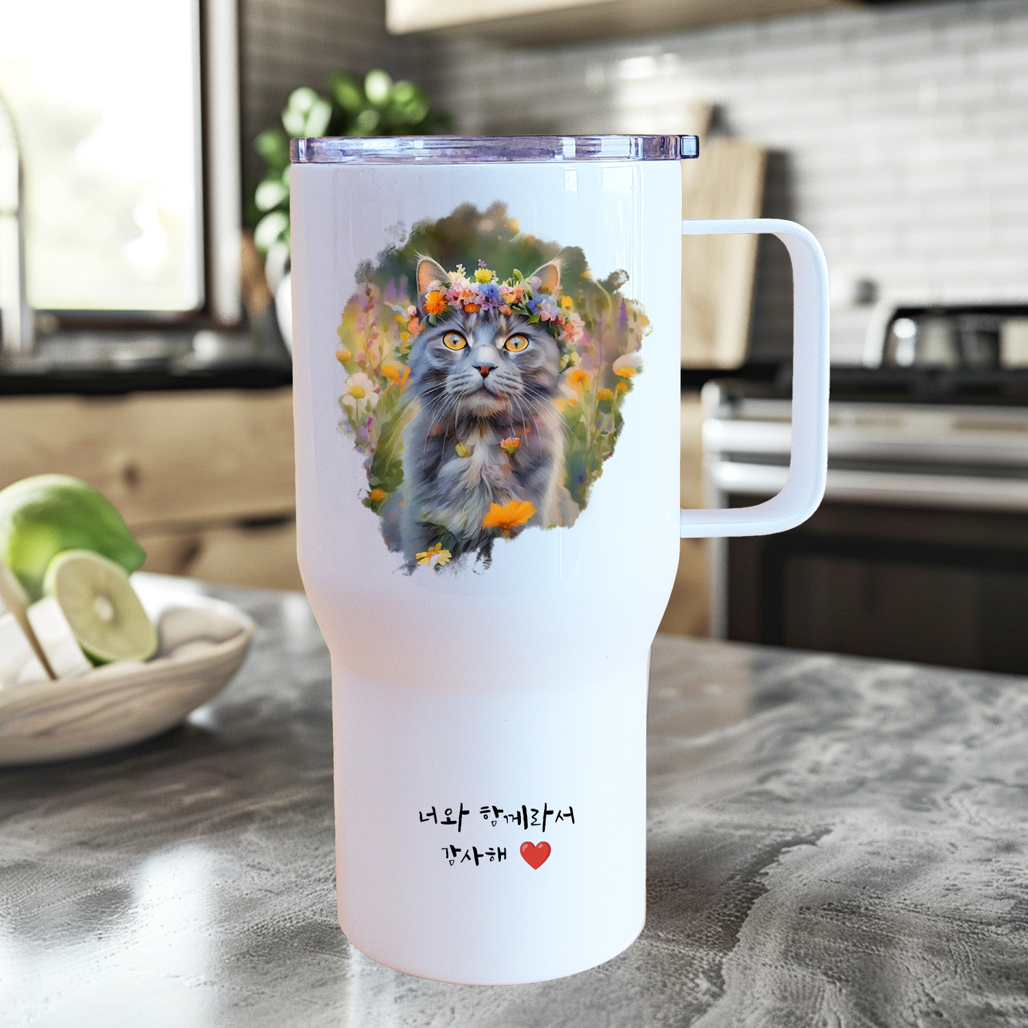 주문제작 반려동물 수채화 텀블러 대용량 손잡이 강아지 고양이 초상화 문구 각인 650ml - 상세 이미지 5