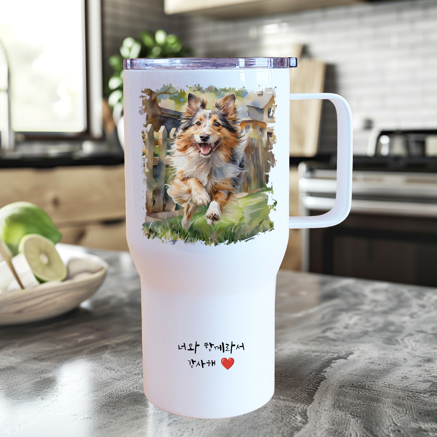 주문제작 반려동물 수채화 텀블러 대용량 손잡이 강아지 고양이 초상화 문구 각인 650ml 이미지 8