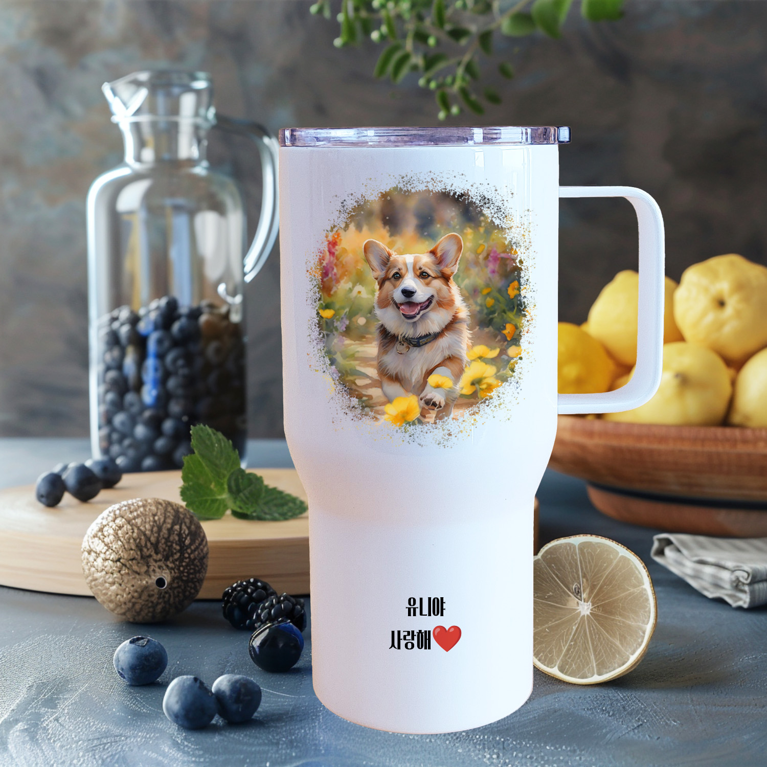주문제작 반려동물 수채화 텀블러 대용량 손잡이 강아지 고양이 초상화 문구 각인 650ml - 메인 이미지