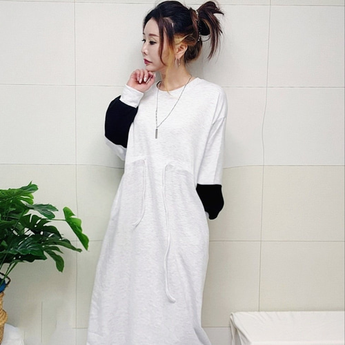 (국산면원단/국내자체생산) ON3002 소매배색 허리끈 주머니 롱 원피스 20대30대여성의류 이미지 6
