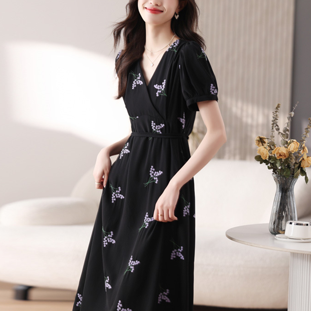 플라워롱원피스 바캉스 여름 브이넥 여성 데이트룩 퍼프 데일리 - 상품 이미지
