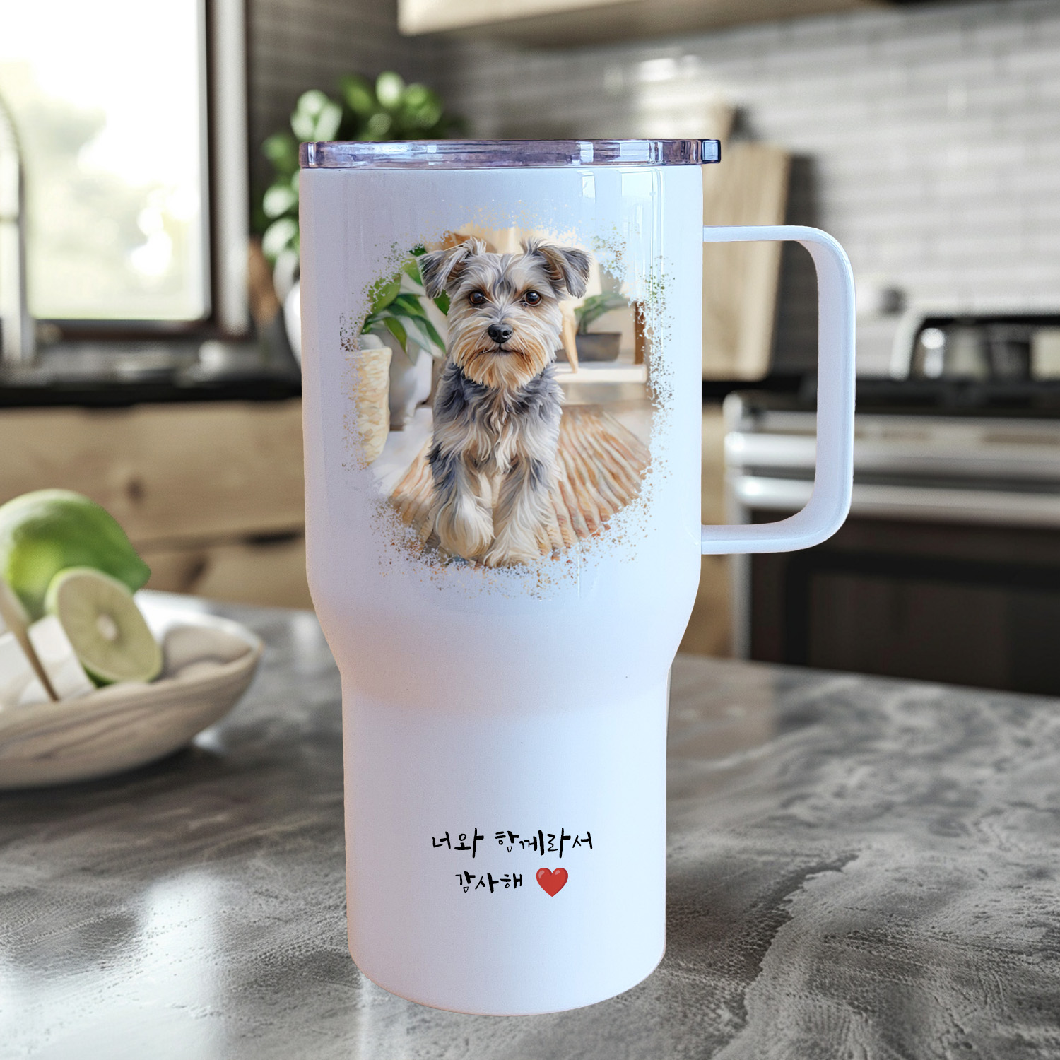 캐리커쳐 텀블러 주문제작 대용량 손잡이 사진을 수채화 일러스트 인쇄 문구 각인 650ml - 상세 이미지 4