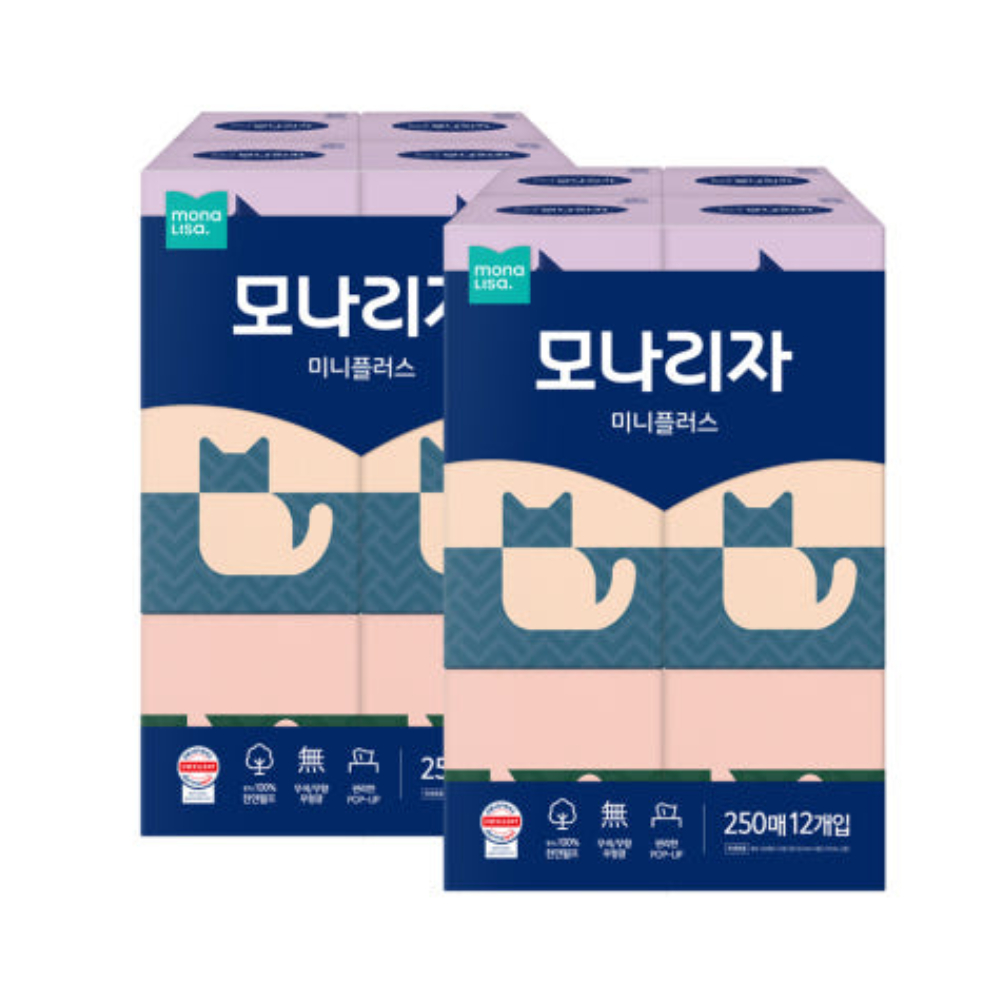 모나리자 미니 플러스 각티슈 미용티슈 250매 12입 X2 : 비엔엠코리아