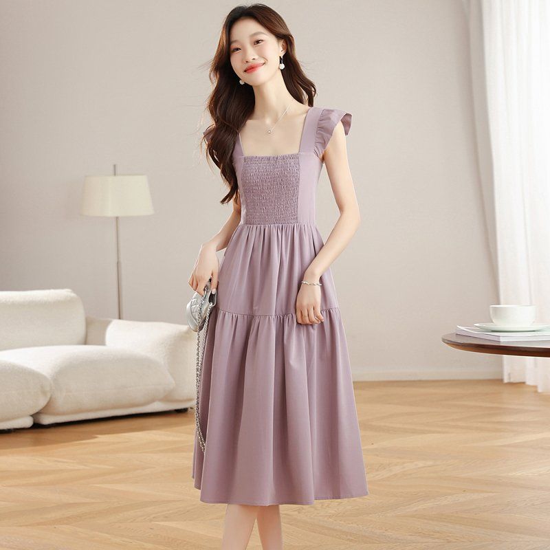 스퀘어넥 스모킹 밴딩 롱 원피스 프릴소매 티어드 A라인 봄 여름 휴양지룩 연보라 블랙 - 상세 이미지 3