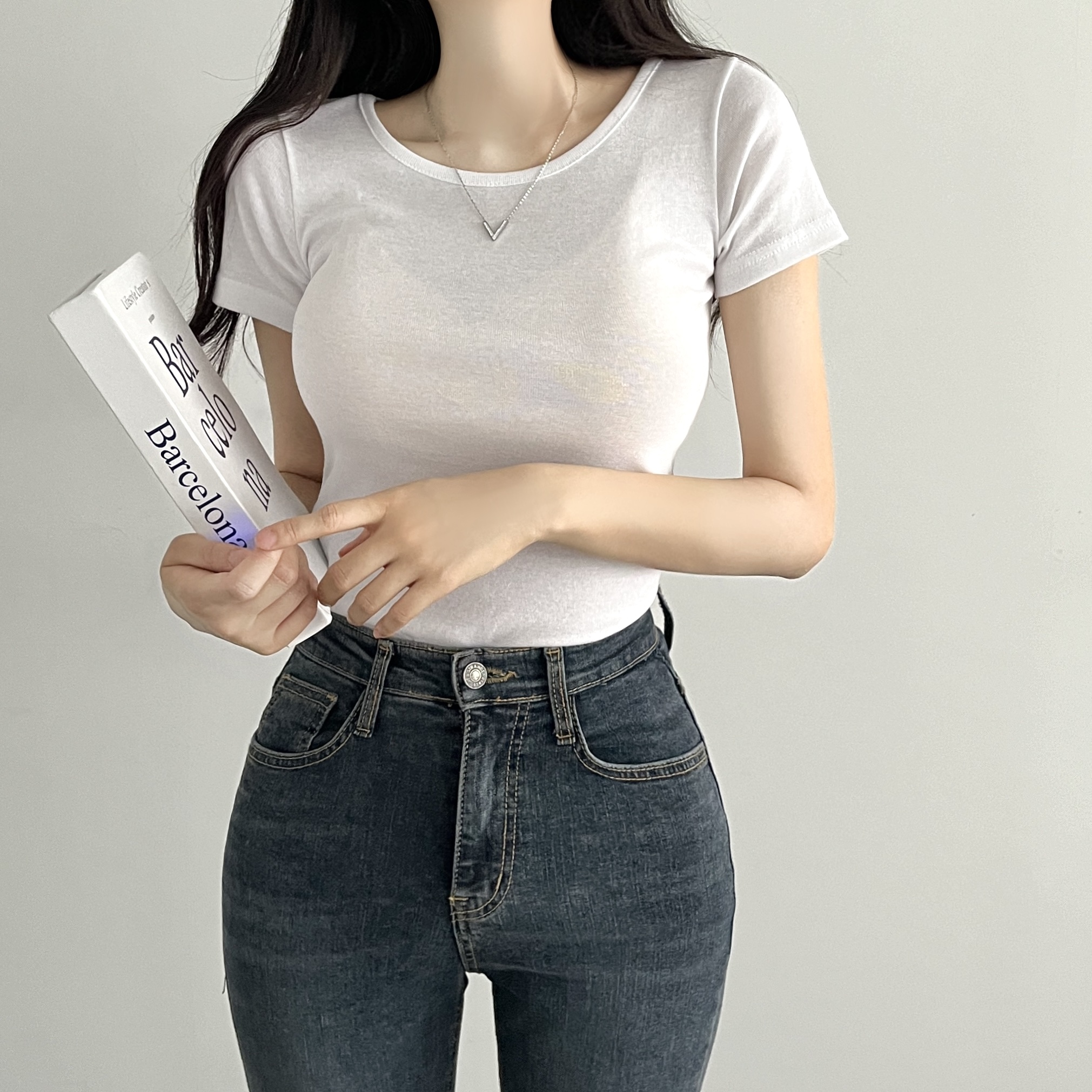 레이어드 흰티 세미크롭 여자 반팔티 이너 티셔츠 아이보리, FREE(One size)